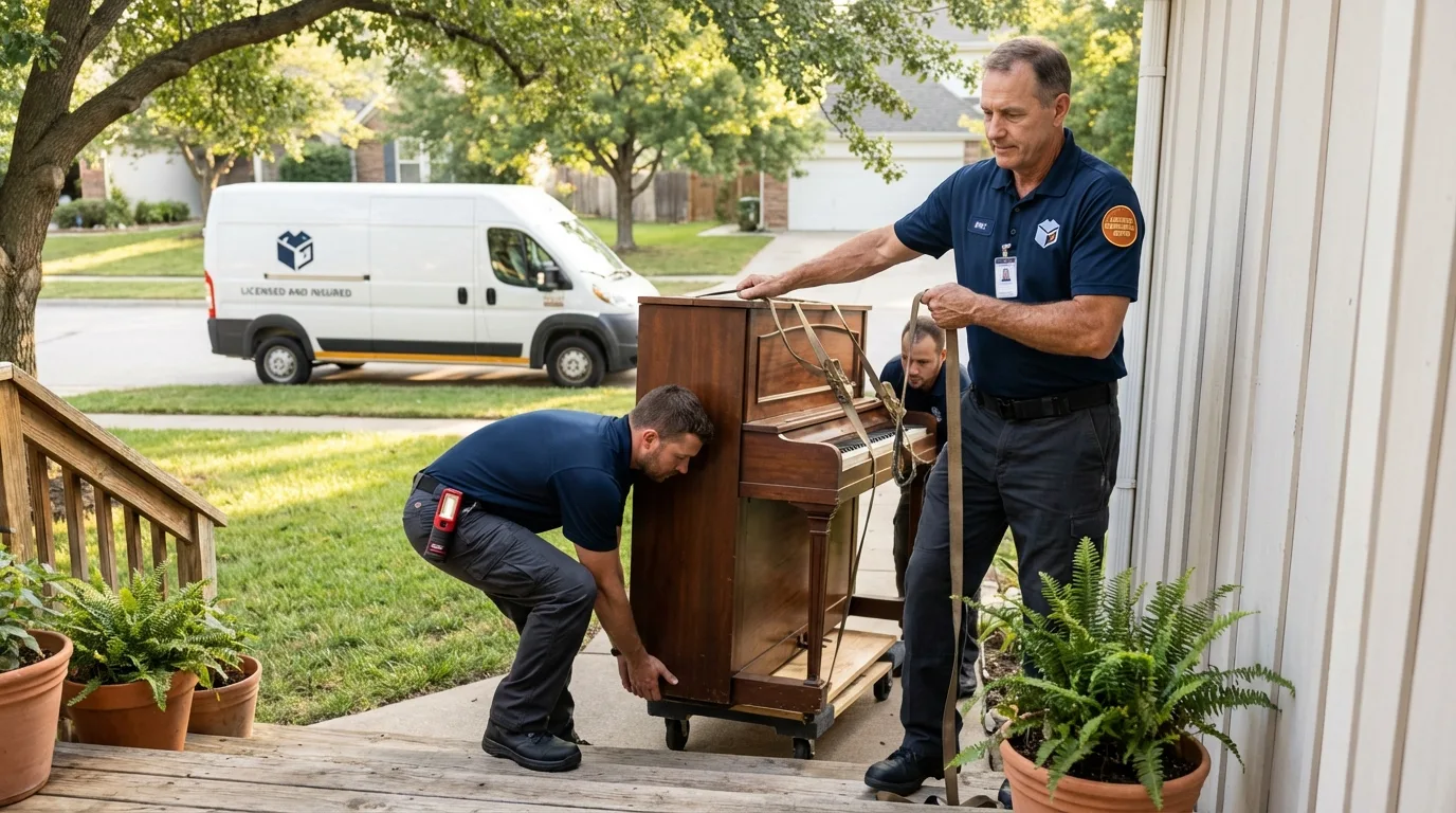 Licensed piano movers securing grand piano in South Pekin, IL