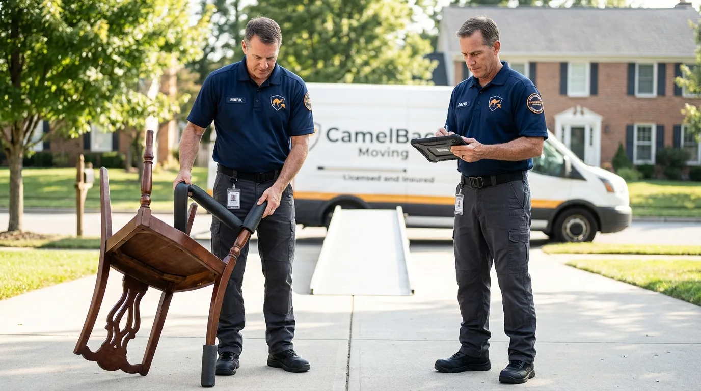 Movers inspecting furniture for damage prevention before loading in South Pekin, IL