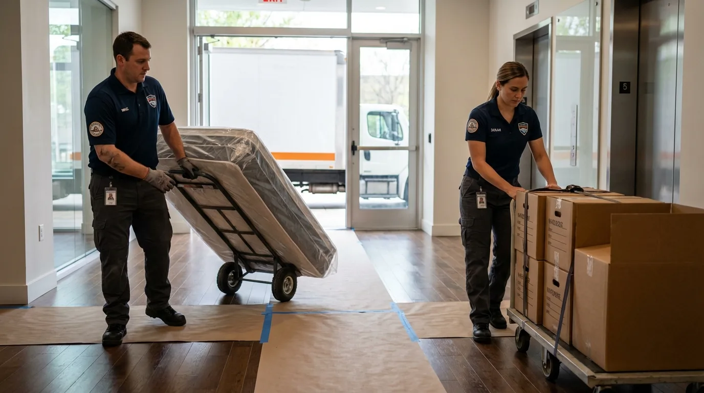 Professional apartment movers loading elevator in South Pekin, IL