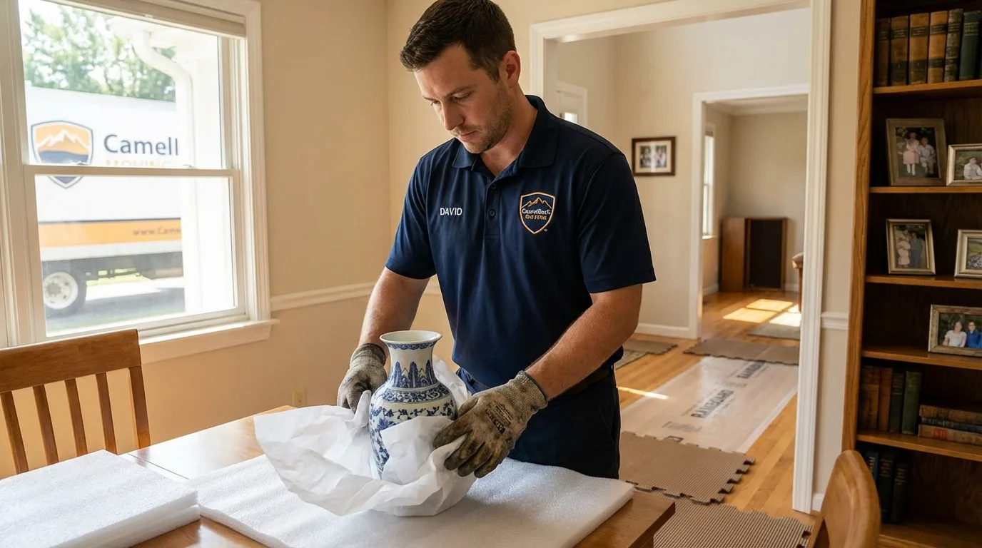 Professional crew carefully wrapping antique vase for senior downsizing move in South Pekin, IL